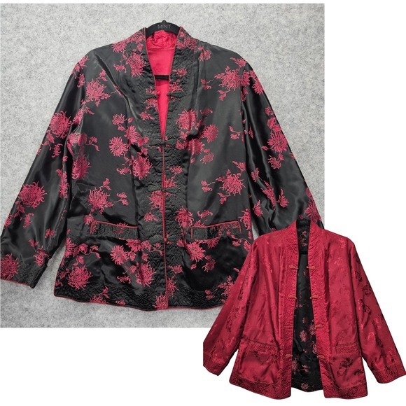 Gin Chiao Jackets & Blazers - Vintage Whimsigoth Chinese Jacket Womens M Black Red Floral Reversible GIN CHIAO